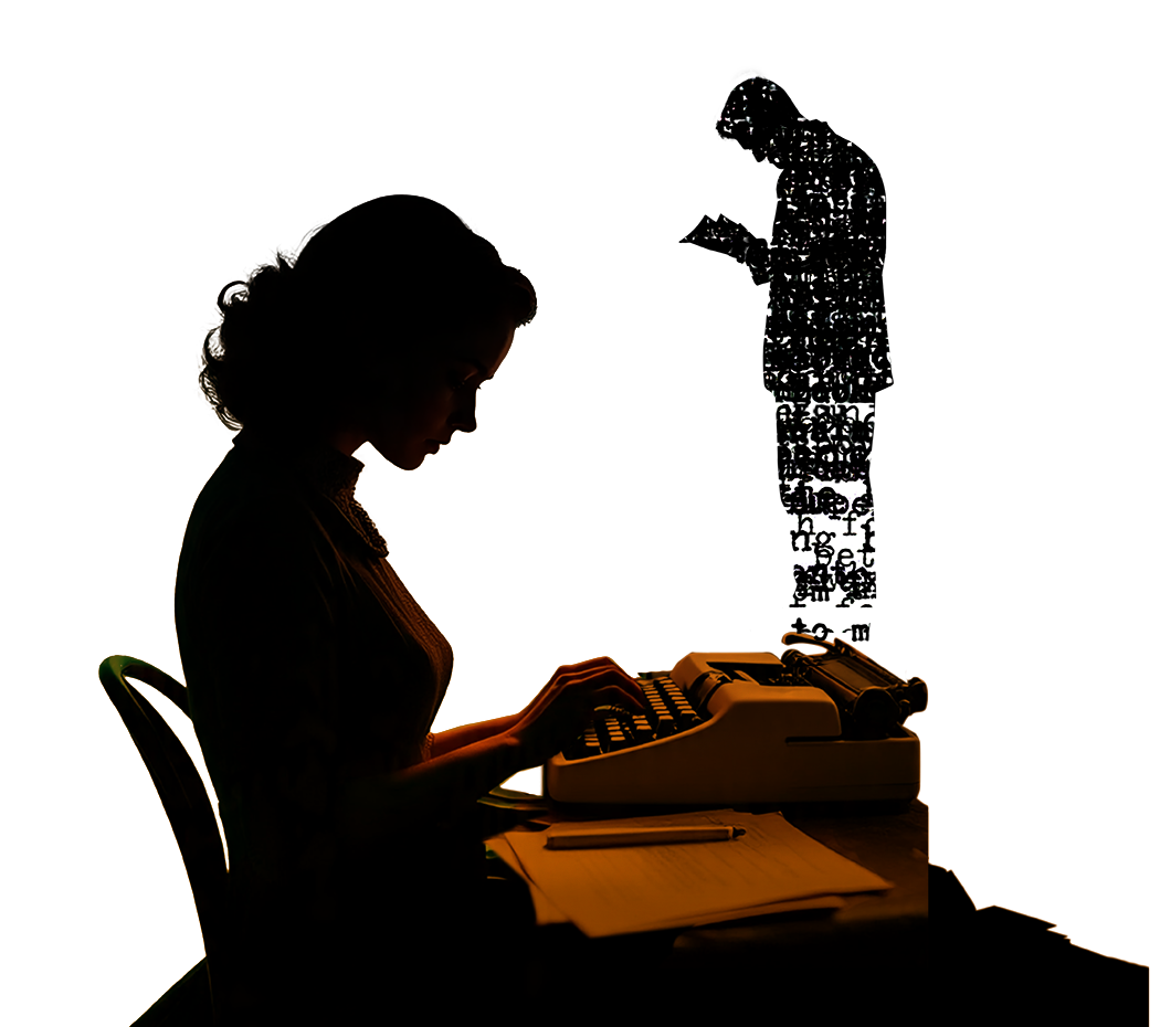 A woman at a typewriter with a figure made of letters